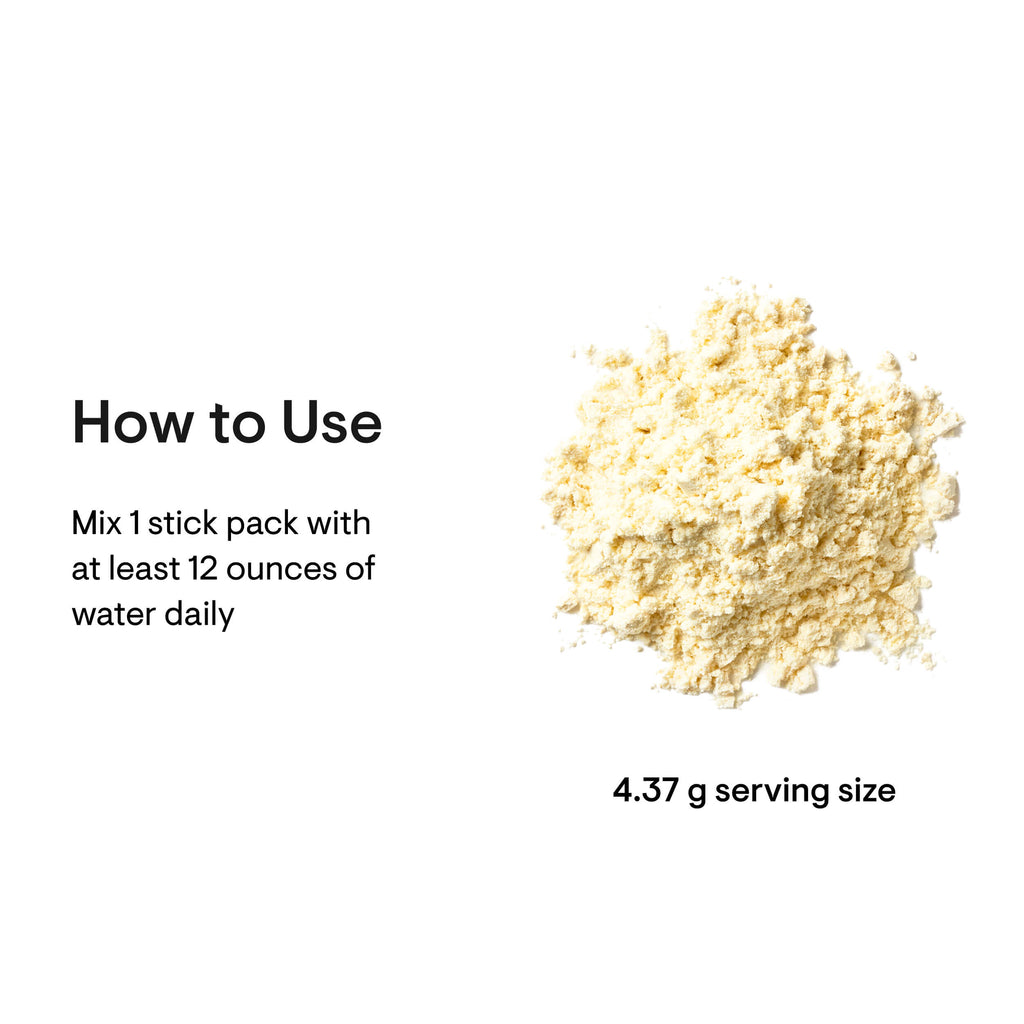 Powdered supplement with text on how to use and serving size on a white background