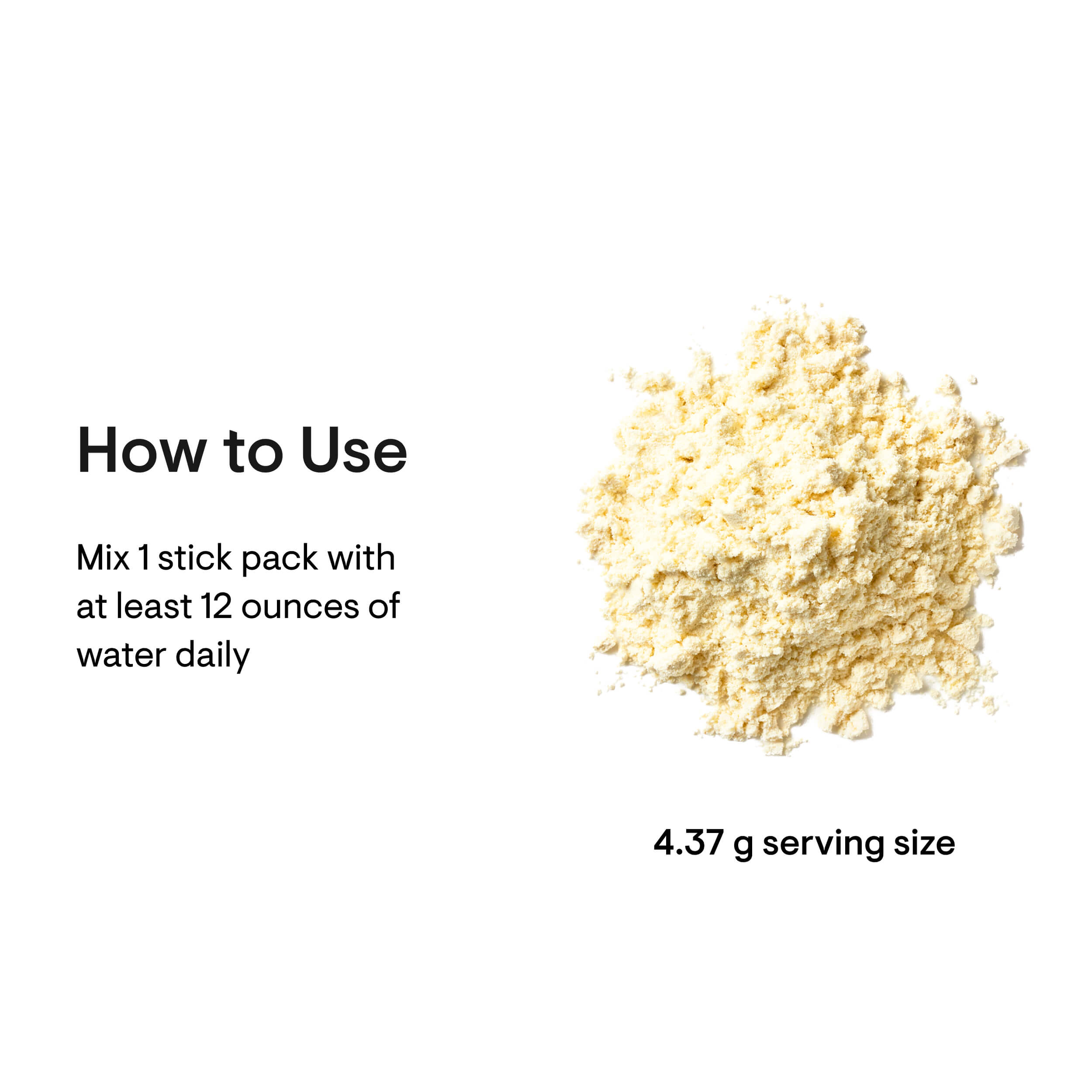 Powdered supplement with text on how to use and serving size on a white background