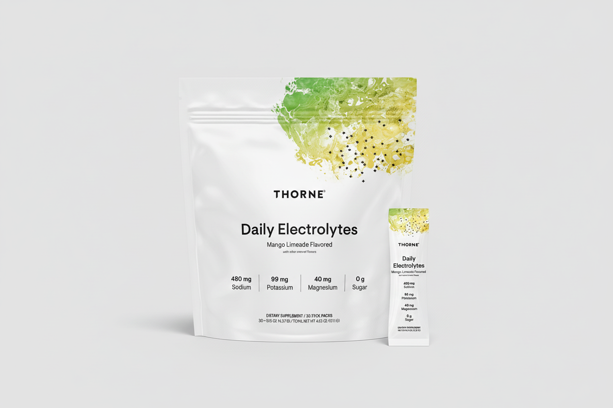 Thorne Daily Electrolytes package with a smaller pack on a black background