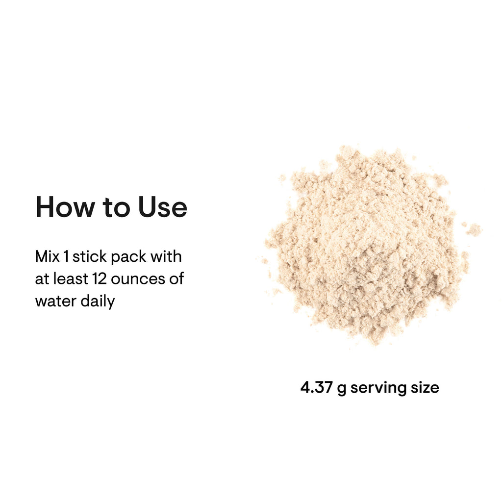 Powdered supplement with text on how to use and serving size on a white background