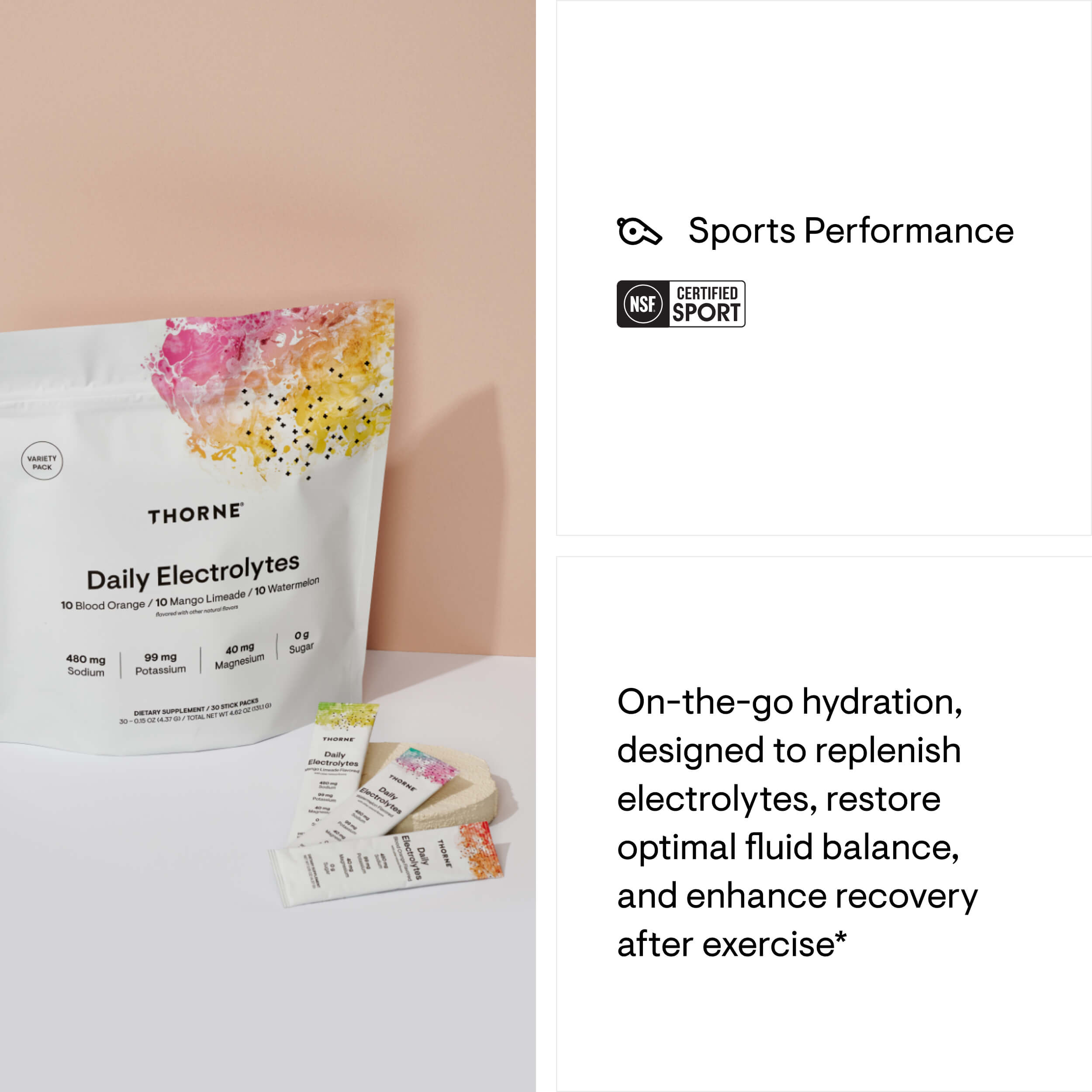 Thorne Daily Electrolytes package with certification badge on a white background
