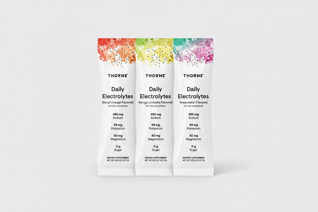 Three Thorne Daily Electrolytes packets with colorful labels on a black background