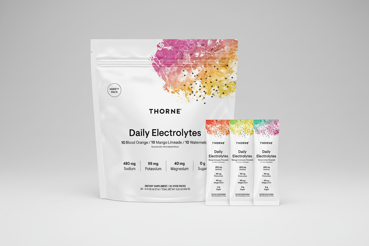 Thorne Daily Electrolytes packaging with colorful design on a black background