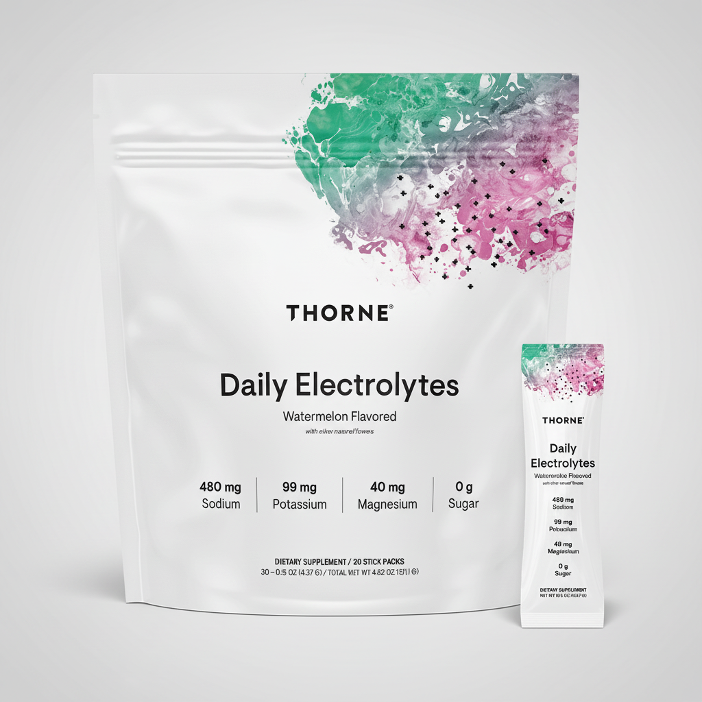 Thorne Daily Electrolytes package with watermelon flavor on a white background