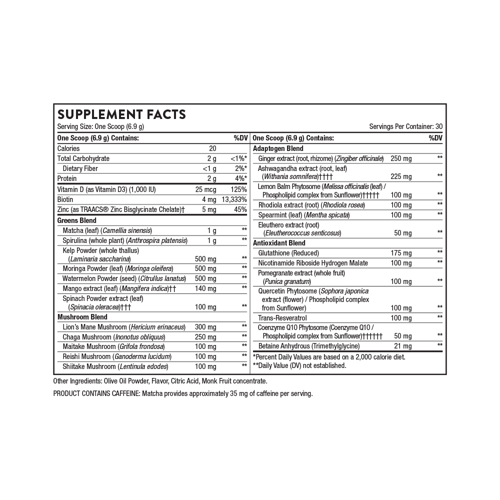 Supplement facts label with detailed nutritional information on a white background
