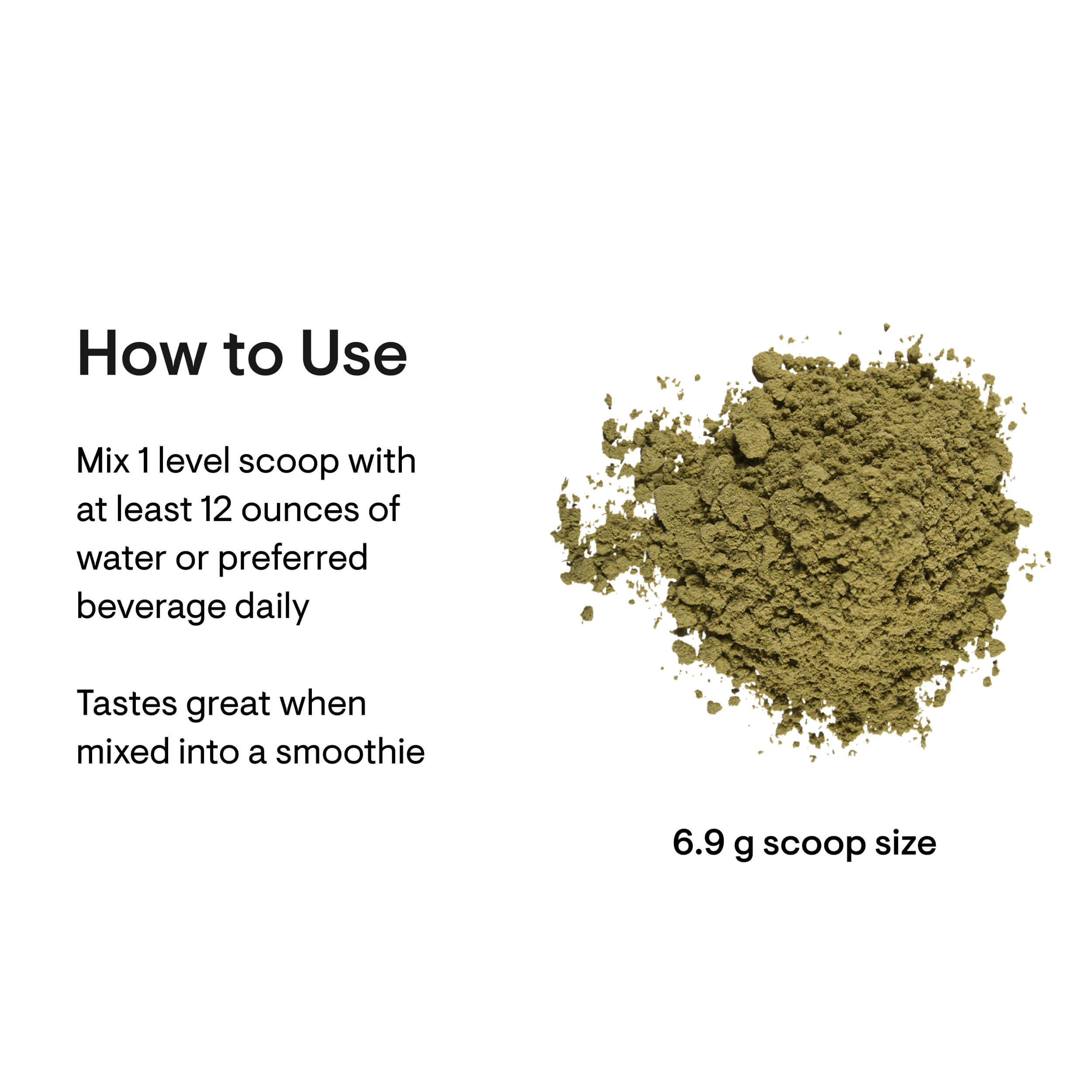 Green powder with usage instructions on a white background