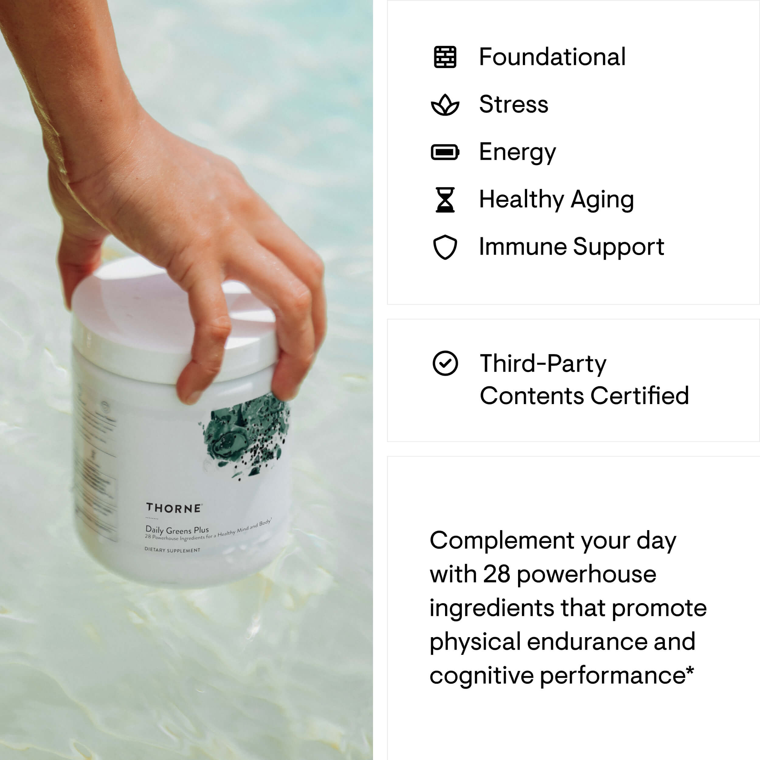 Person holding a Thorne supplement container with product features listed on the right.