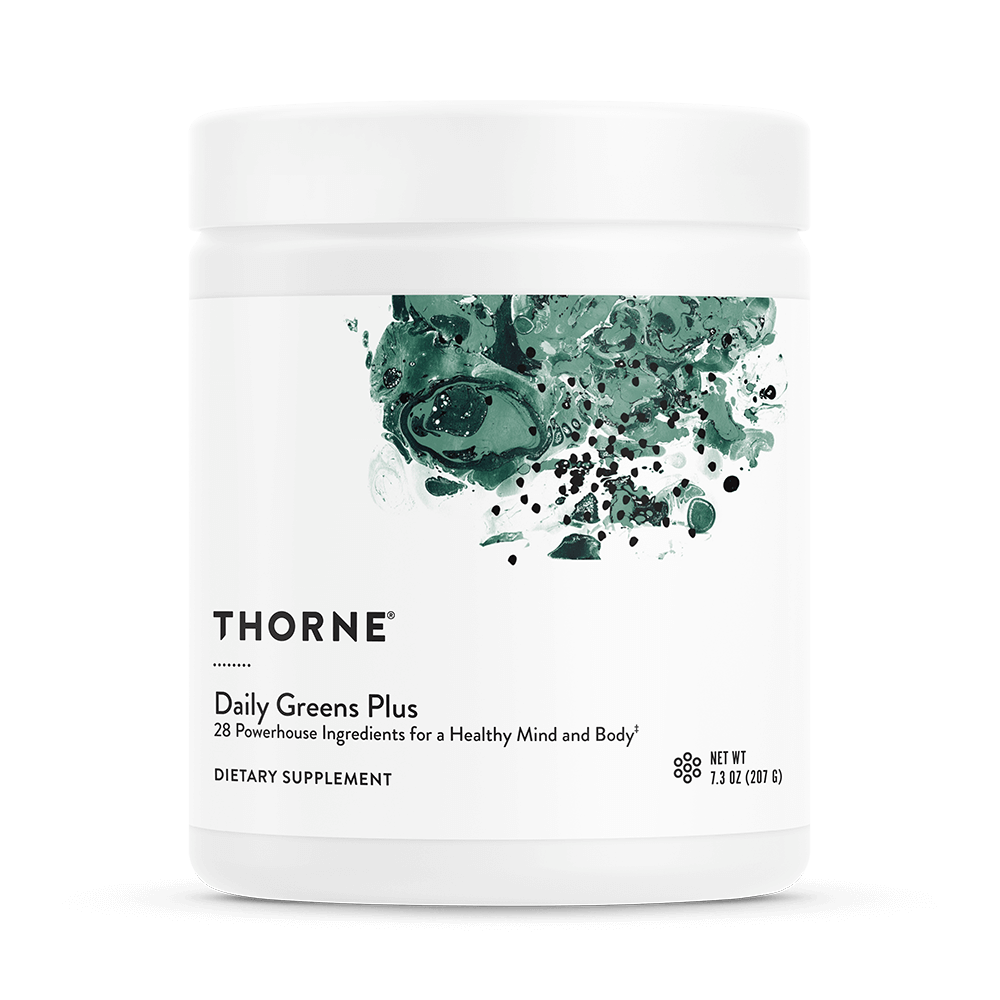 Thorne Daily Greens Plus supplement container on a white background