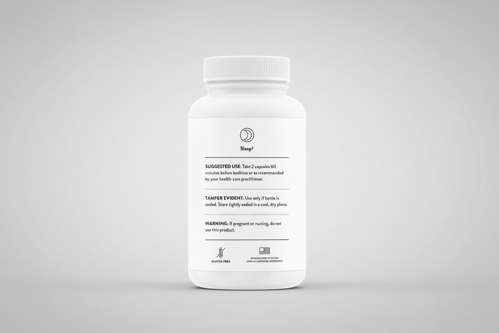 White supplement bottle with label on a black background