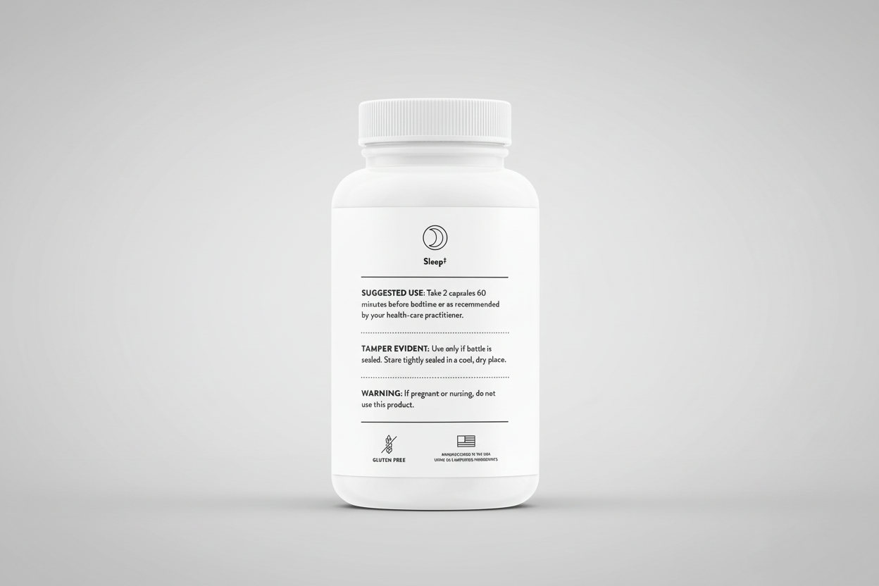 White supplement bottle with label on a black background
