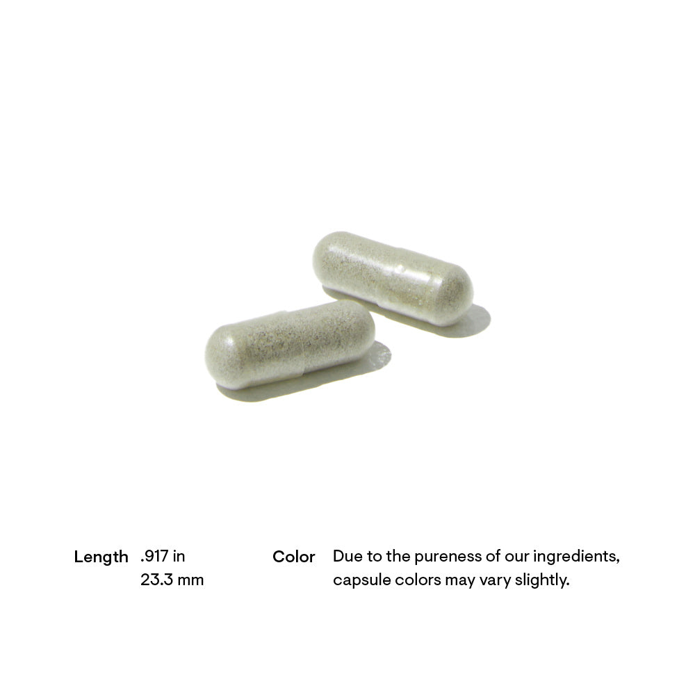 Two capsules on a white background with text about length and color.