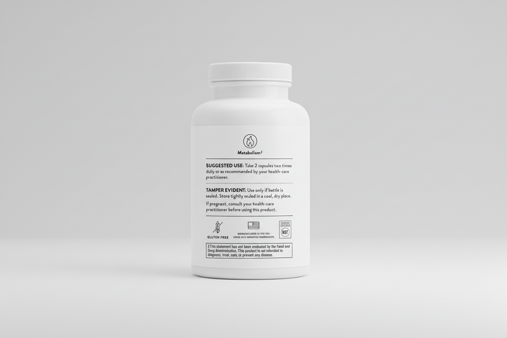 White supplement bottle with label on a white background