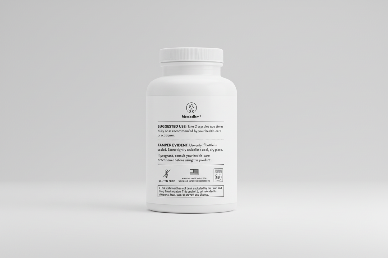 White supplement bottle with label on a white background