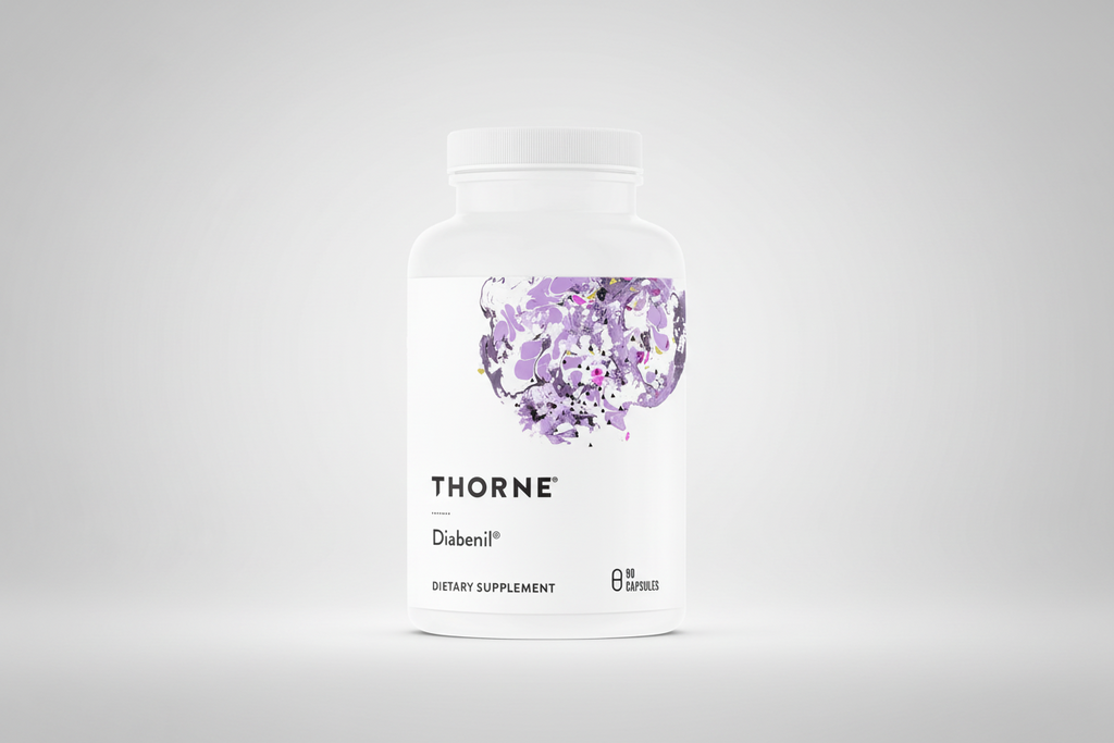 Thorne Diabenil dietary supplement bottle on a black background