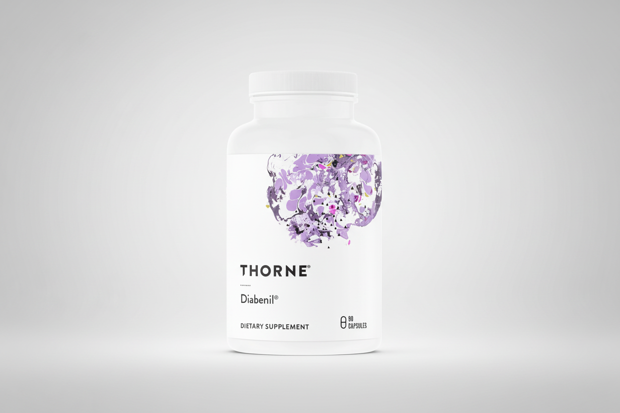 Thorne Diabenil dietary supplement bottle on a black background