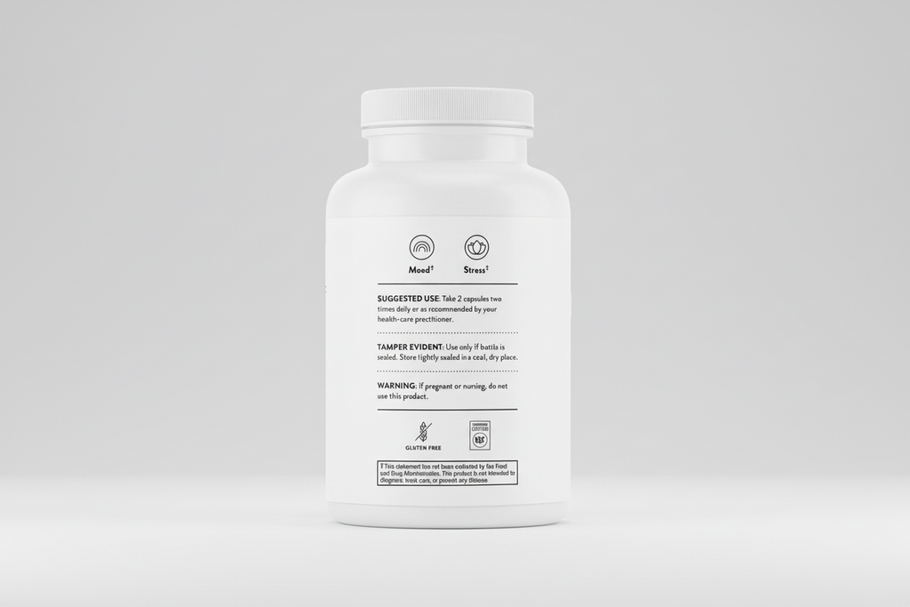 White supplement bottle with label on a white background