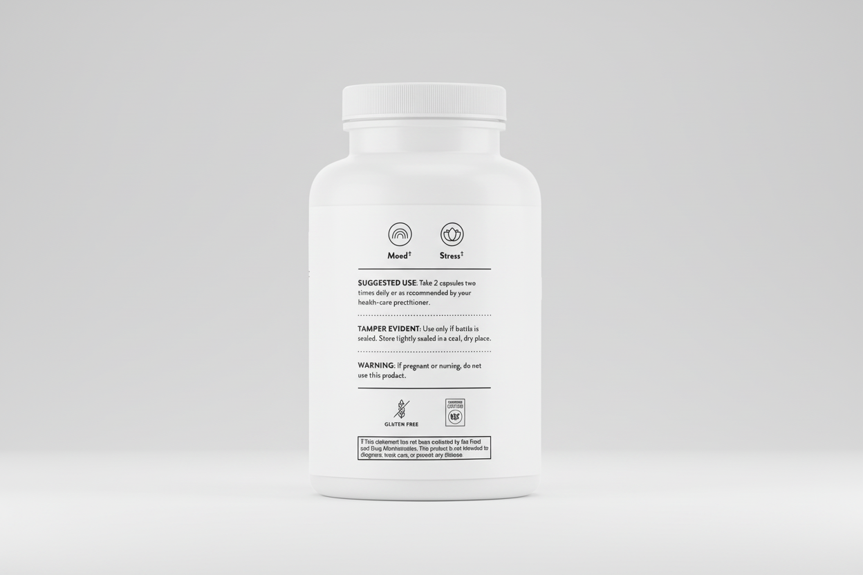 White supplement bottle with label on a white background