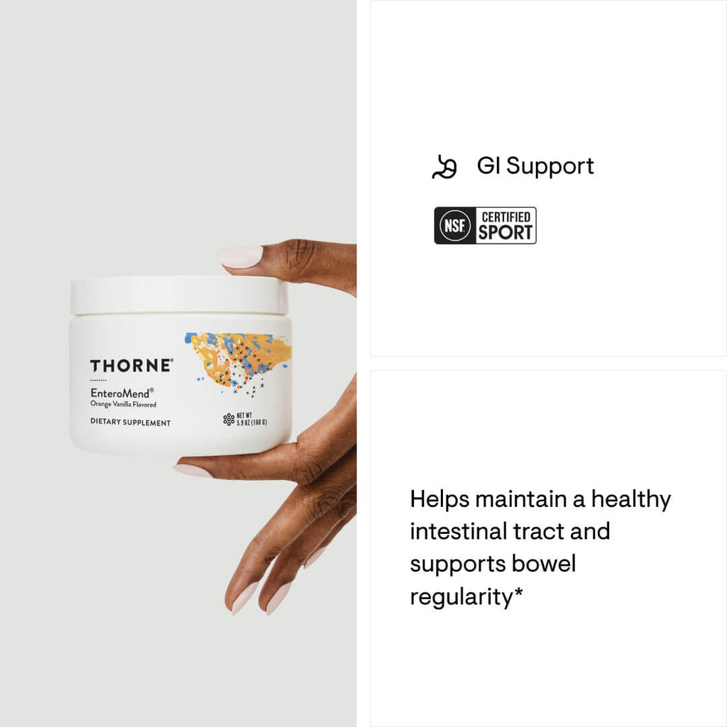 Thorne Research supplement container held by a hand with text about GI support and NSF certification.
