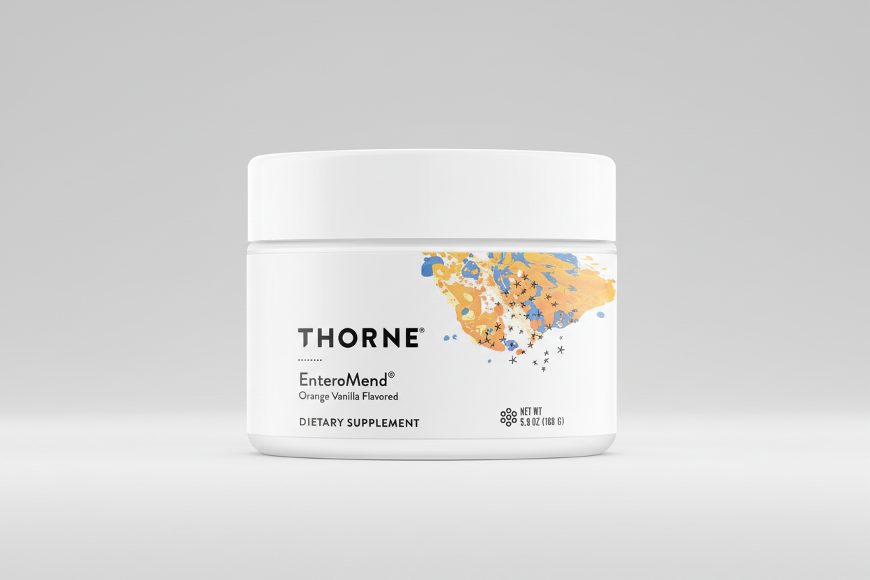 Thorne Enteromend dietary supplement container on a white background