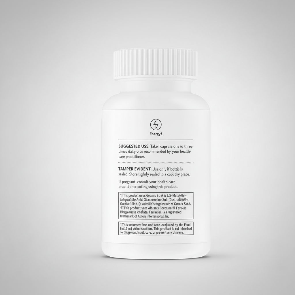 White supplement bottle with label on a black background