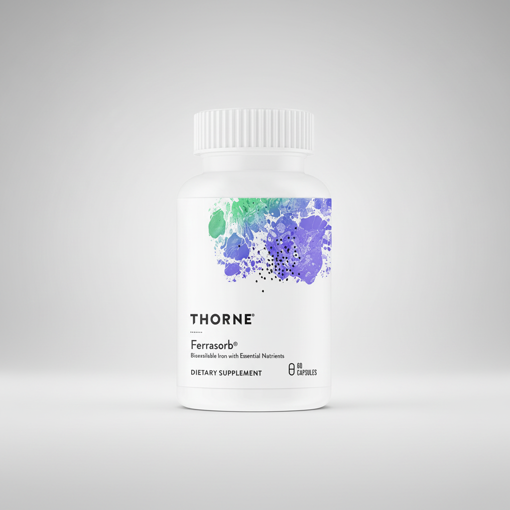 Thorne Ferrasorb dietary supplement bottle with colorful label on a white background