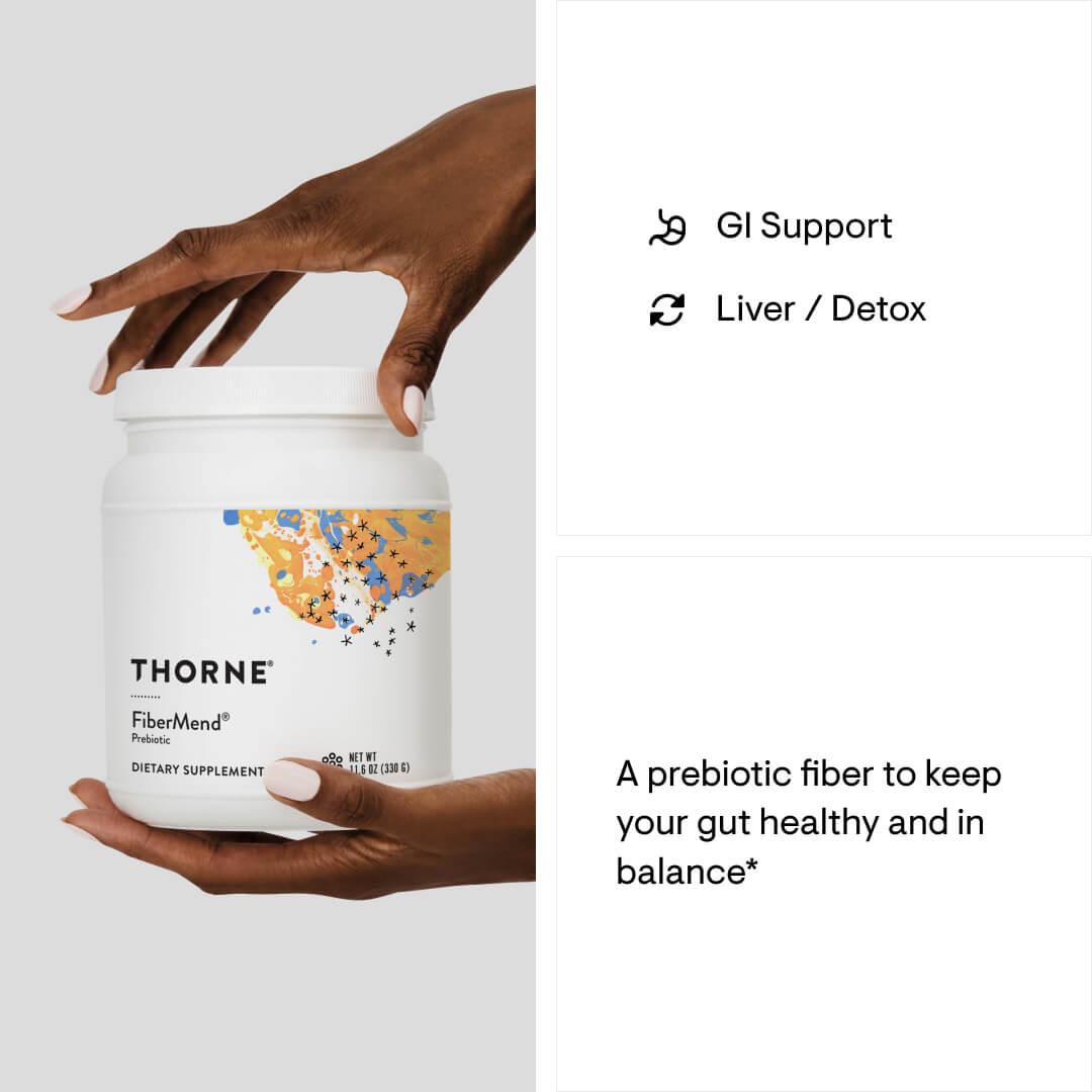 Thorne FiberMend supplement container held by a hand with product details on a light gray background