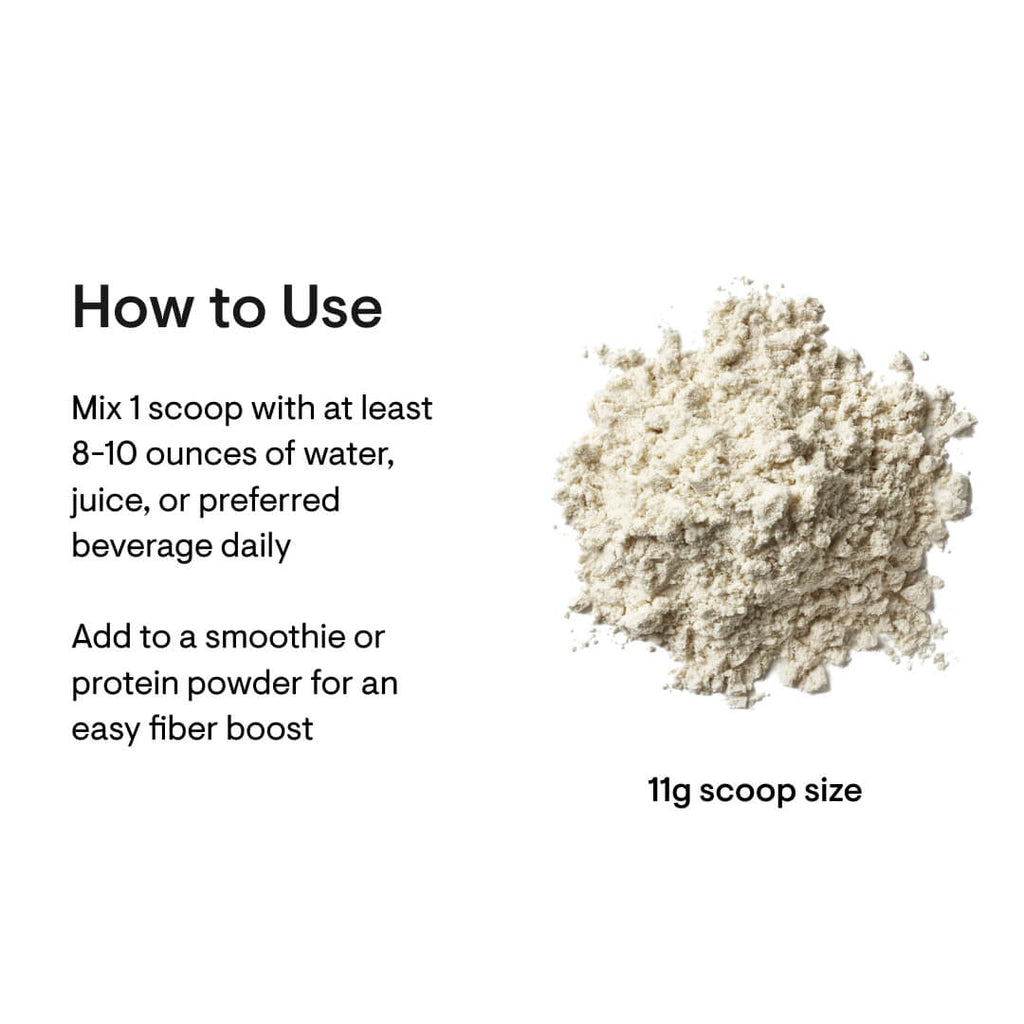 Powdered supplement with usage instructions on a white background