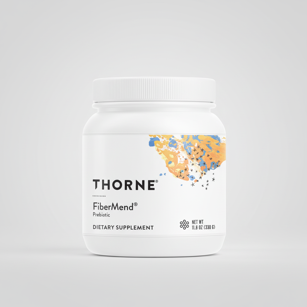 Thorne FiberMend dietary supplement container on a white background