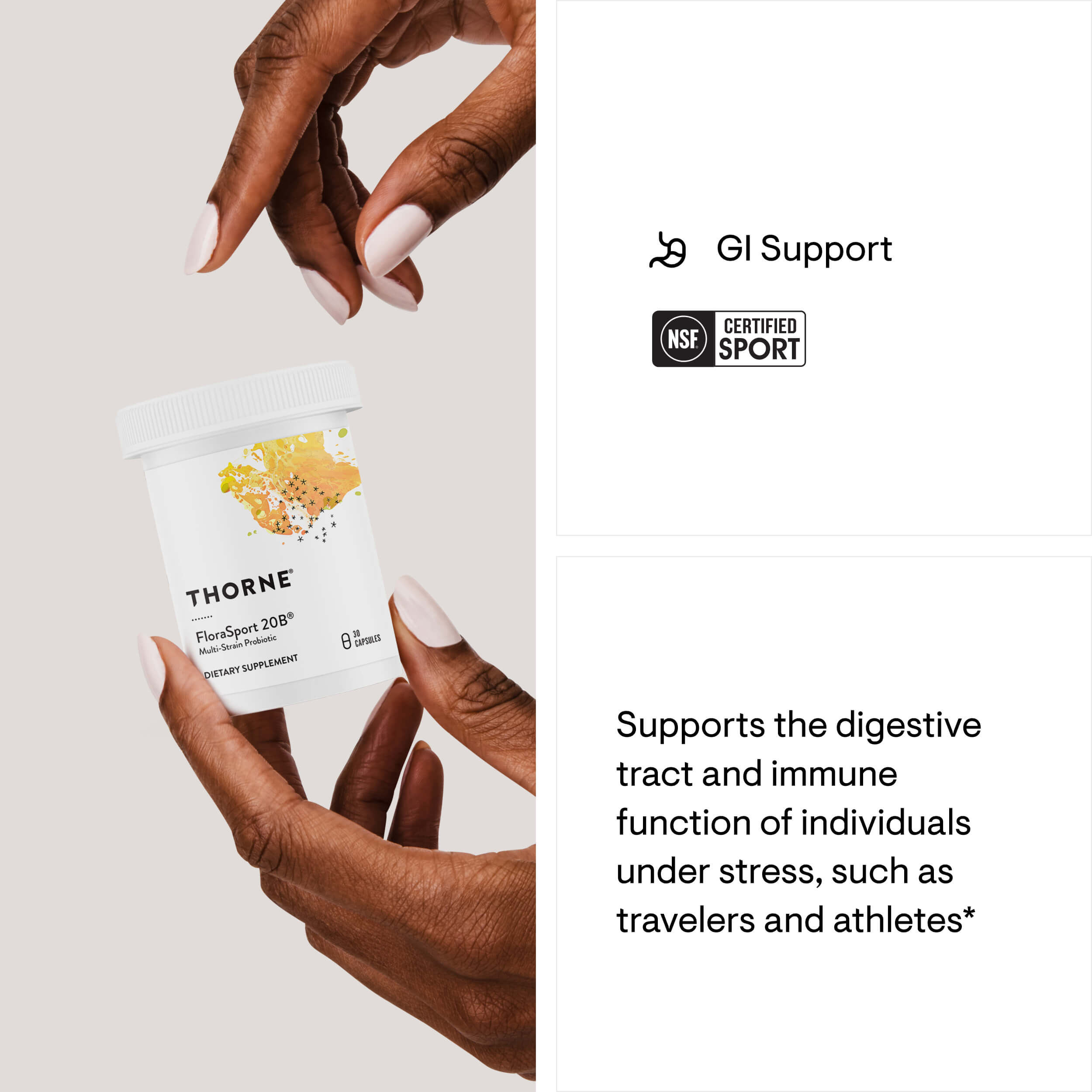 Hand holding a Thorne Research supplement container with NSF certification logo on a light background