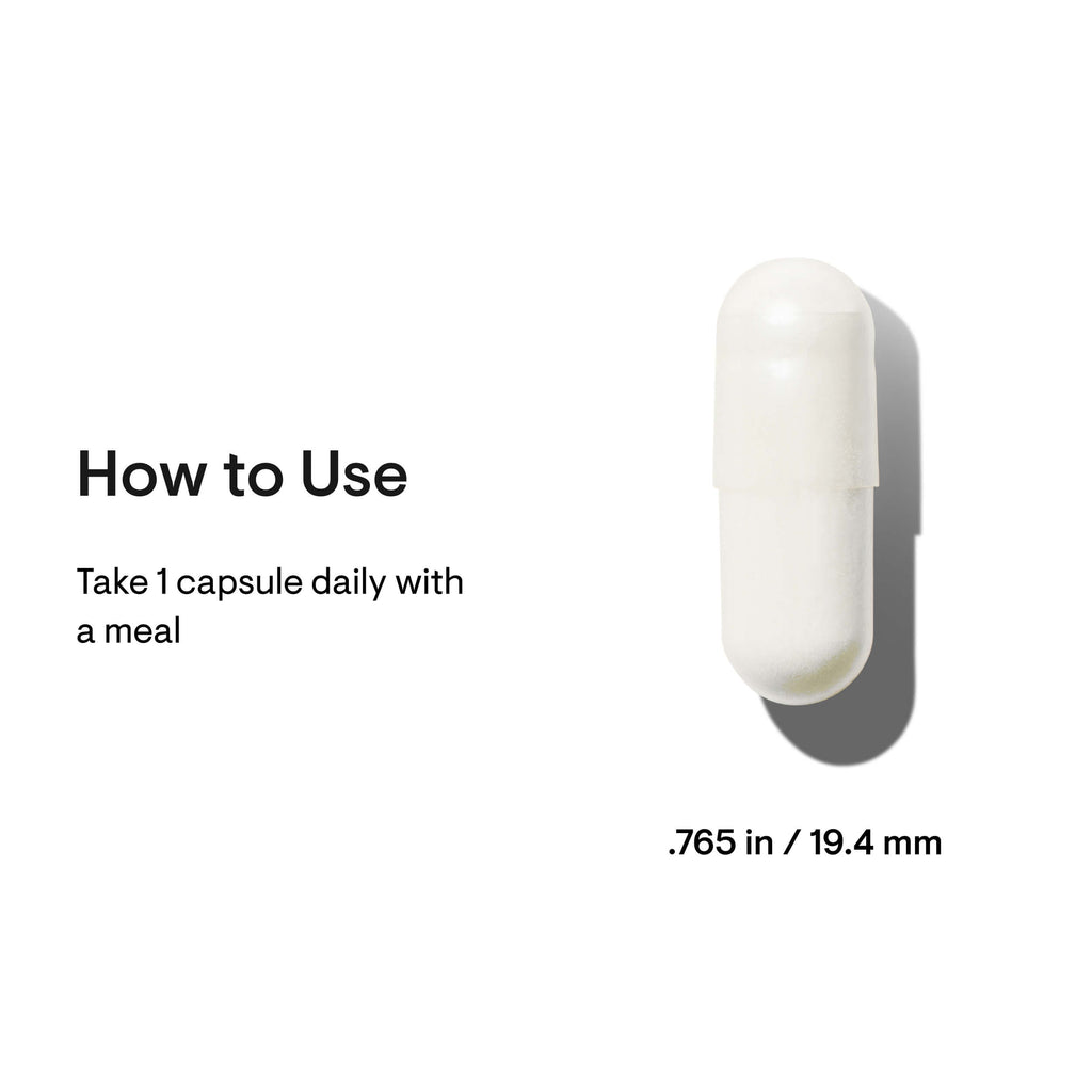 White capsule with text on how to use and its dimensions on a white background