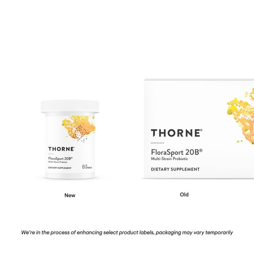 Two Thorne FloraSport 20B dietary supplement containers, one labeled 'New' and the other 'Old'.