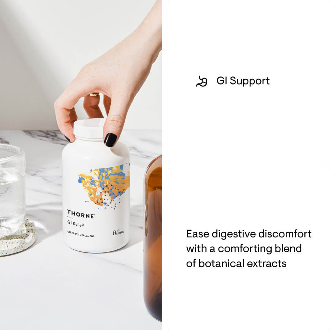 Hand holding a bottle of Thorne GI Relief supplement with text about GI support and digestive comfort.