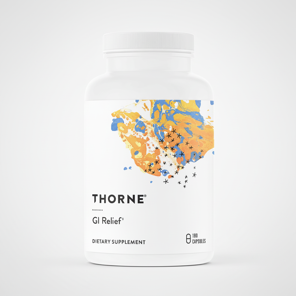 Thorne GI Relief dietary supplement bottle with colorful label on a white background