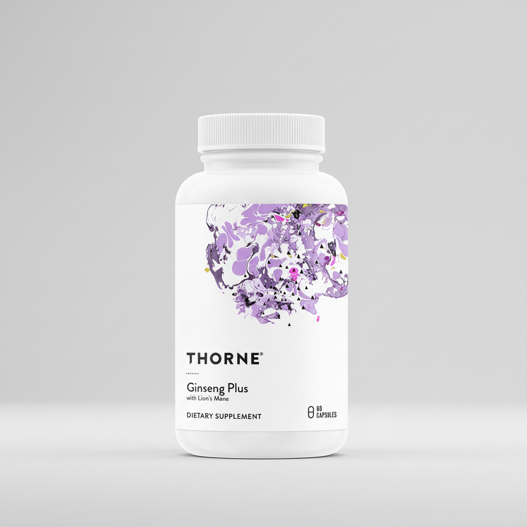 Thorne Ginseng Plus dietary supplement bottle on a black background