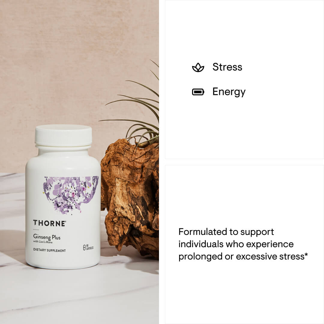 Thorne supplement bottle with plant and wood background