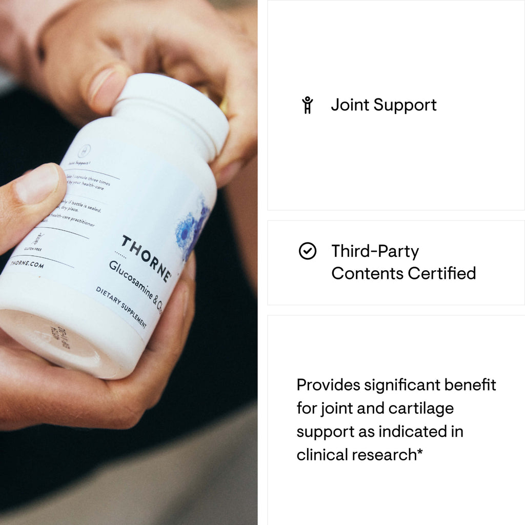 Hand holding a Thorne supplement bottle with joint support information on the right.