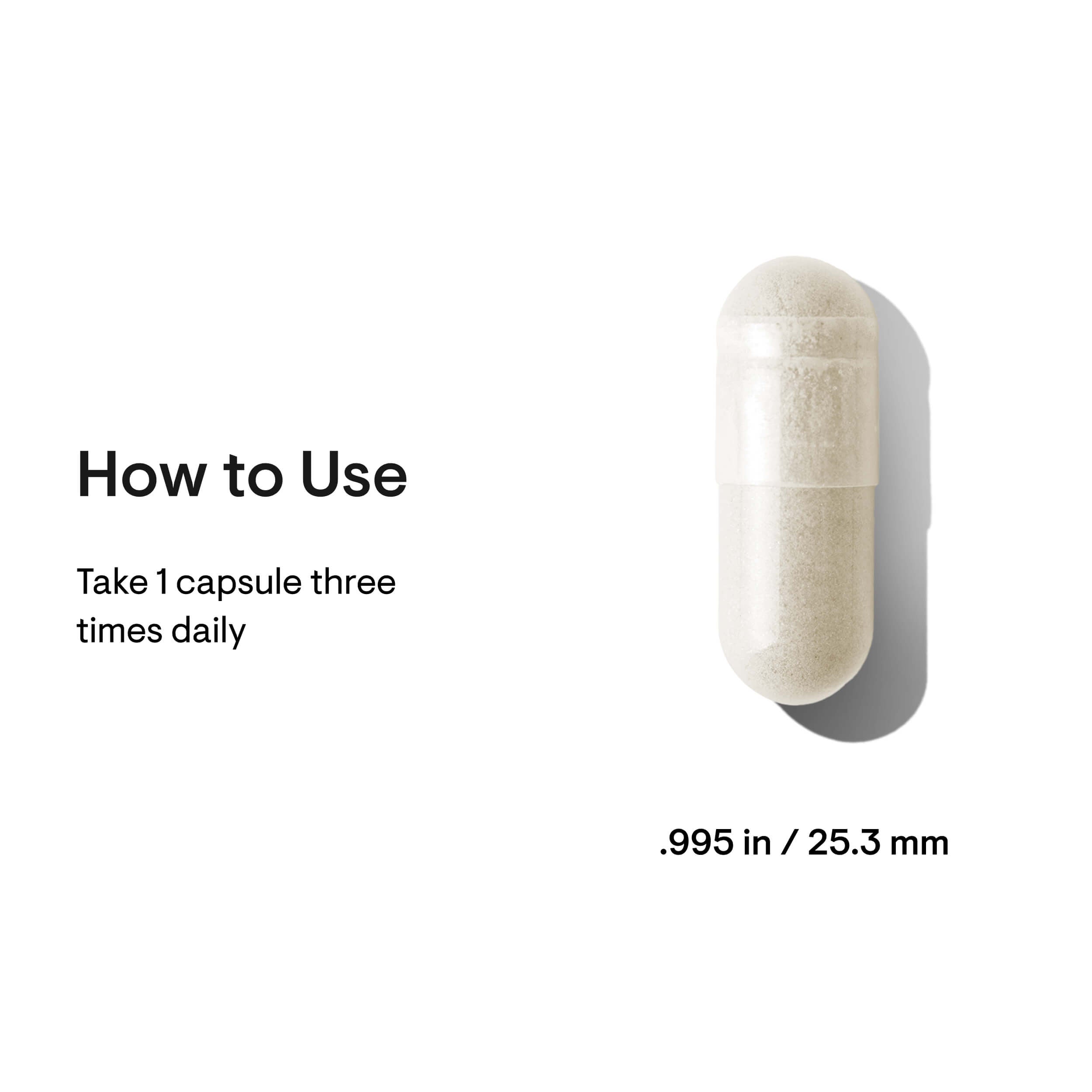 Capsule pill with 'How to Use' text and dimensions on a white background