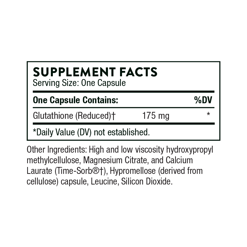 Supplement facts label for a capsule containing Glutathione (Reduced) on a white background.