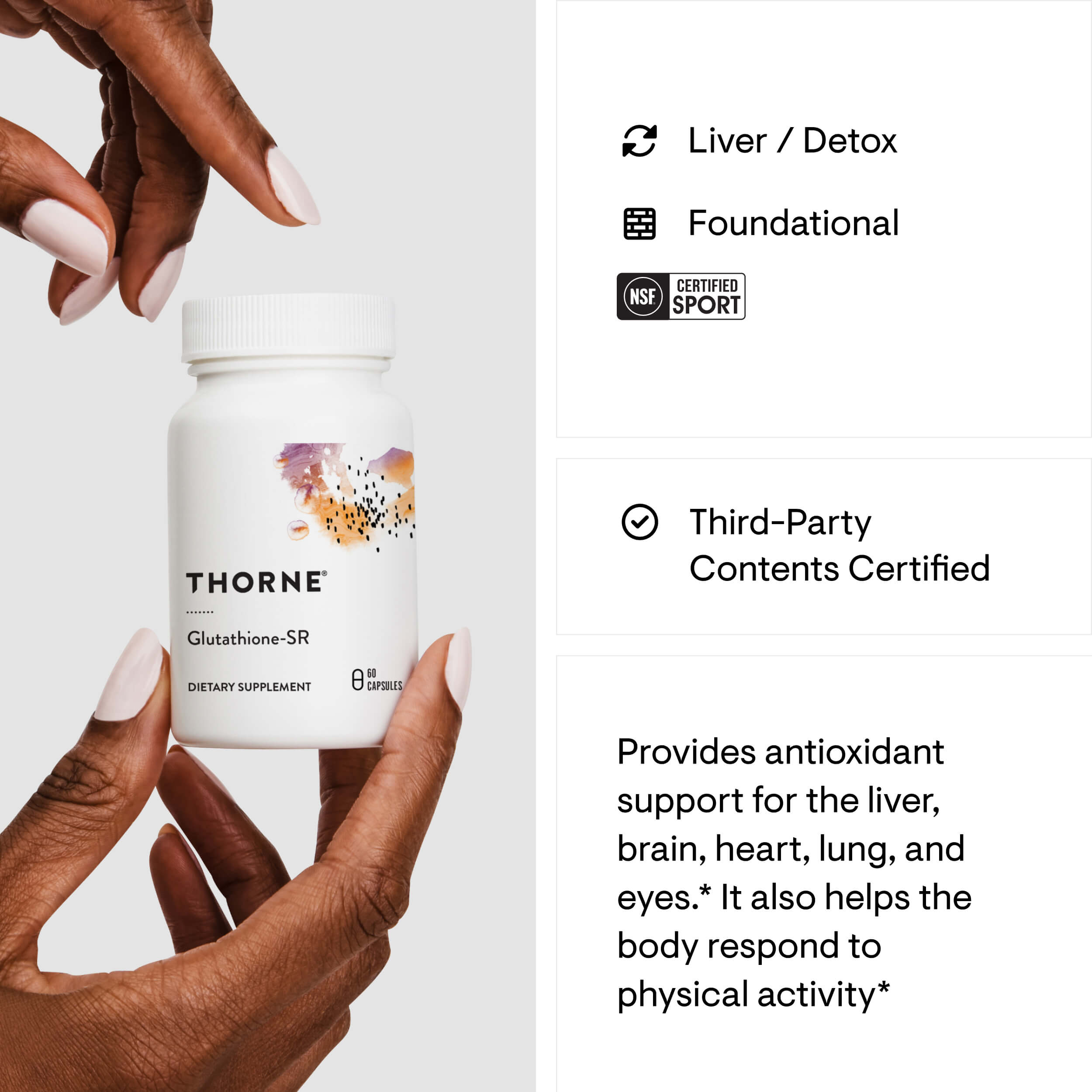 Thorne supplement bottle held by a hand with product details on the right.