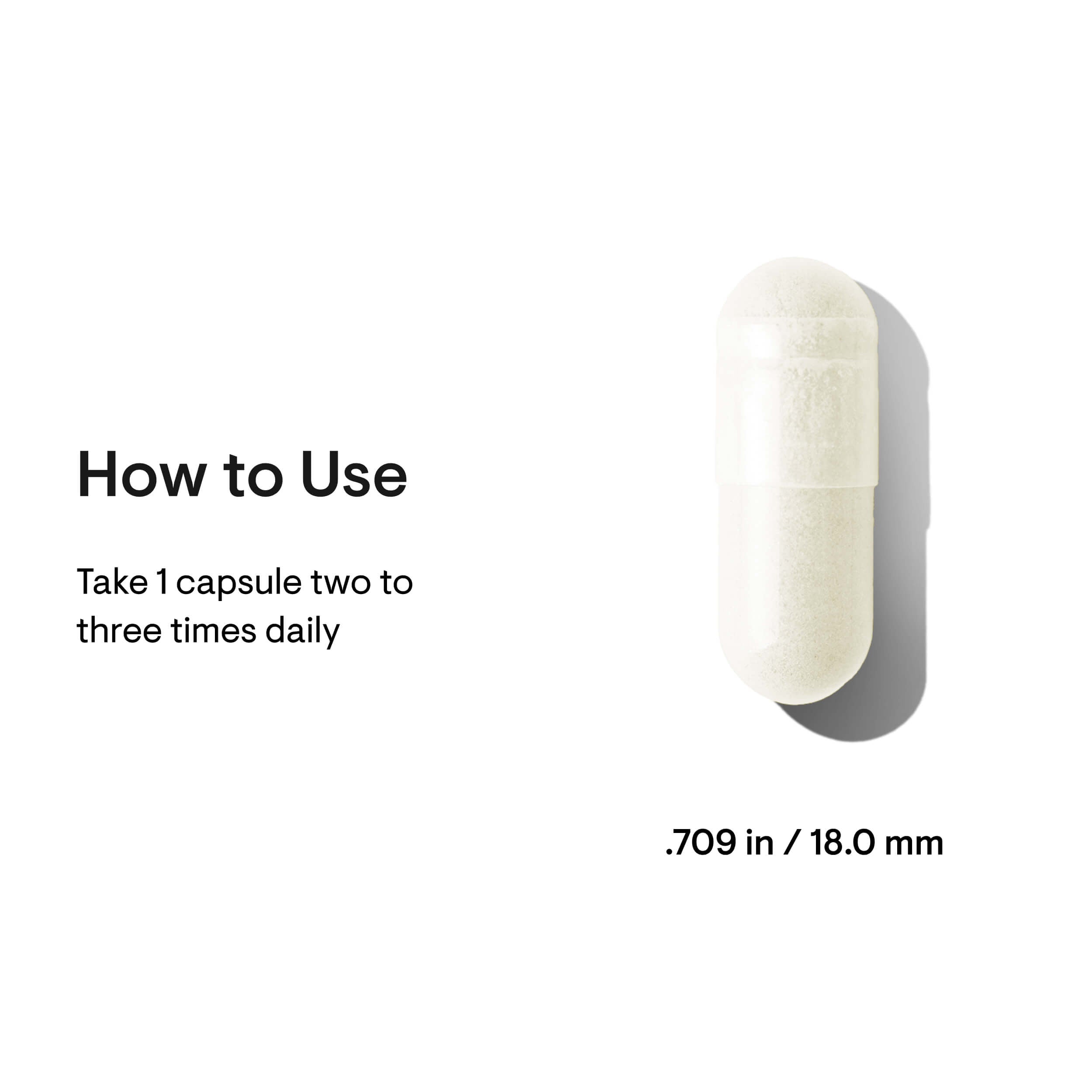 White capsule with text on how to use and dimensions on a white background