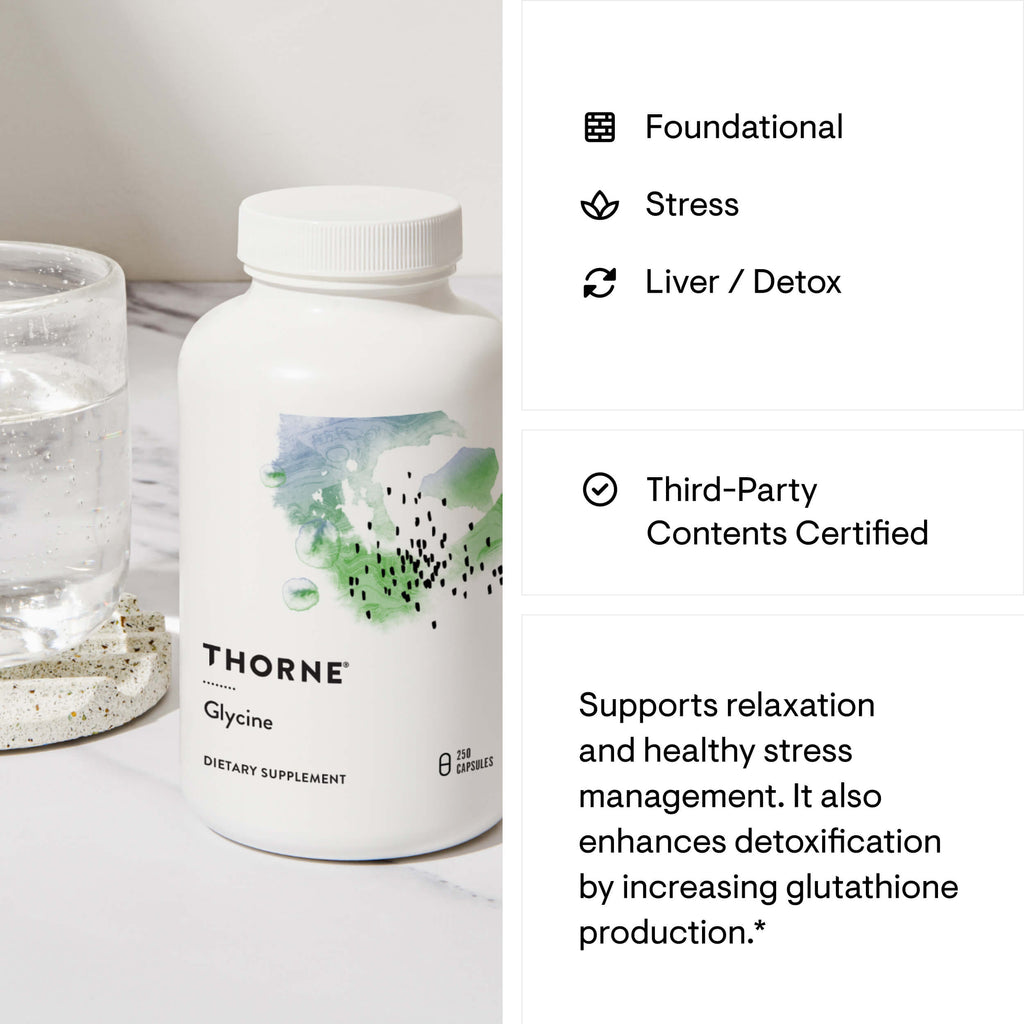 Thorne Glycine dietary supplement bottle with product details on a white background