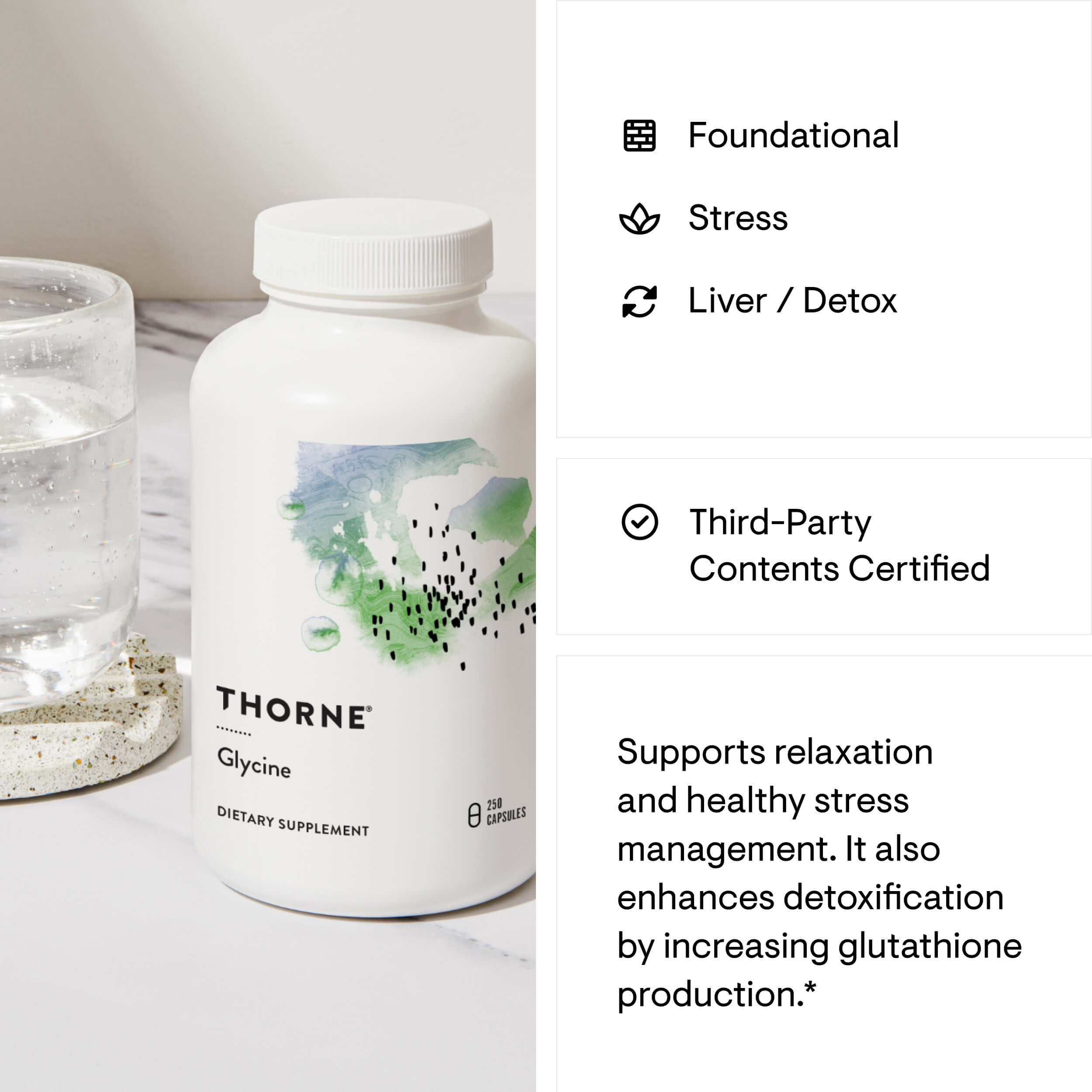 Thorne Glycine dietary supplement bottle with product details on a white background