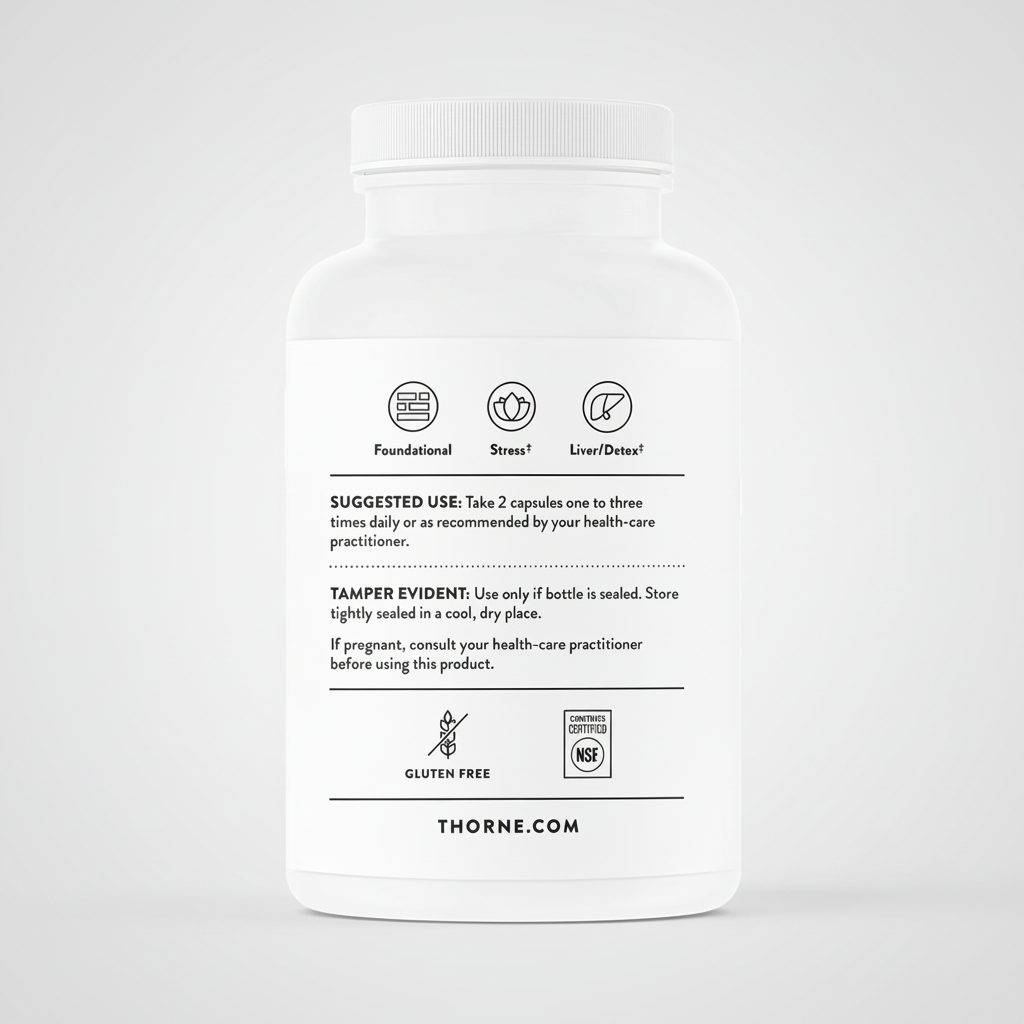 White supplement bottle with black text and icons on a white background