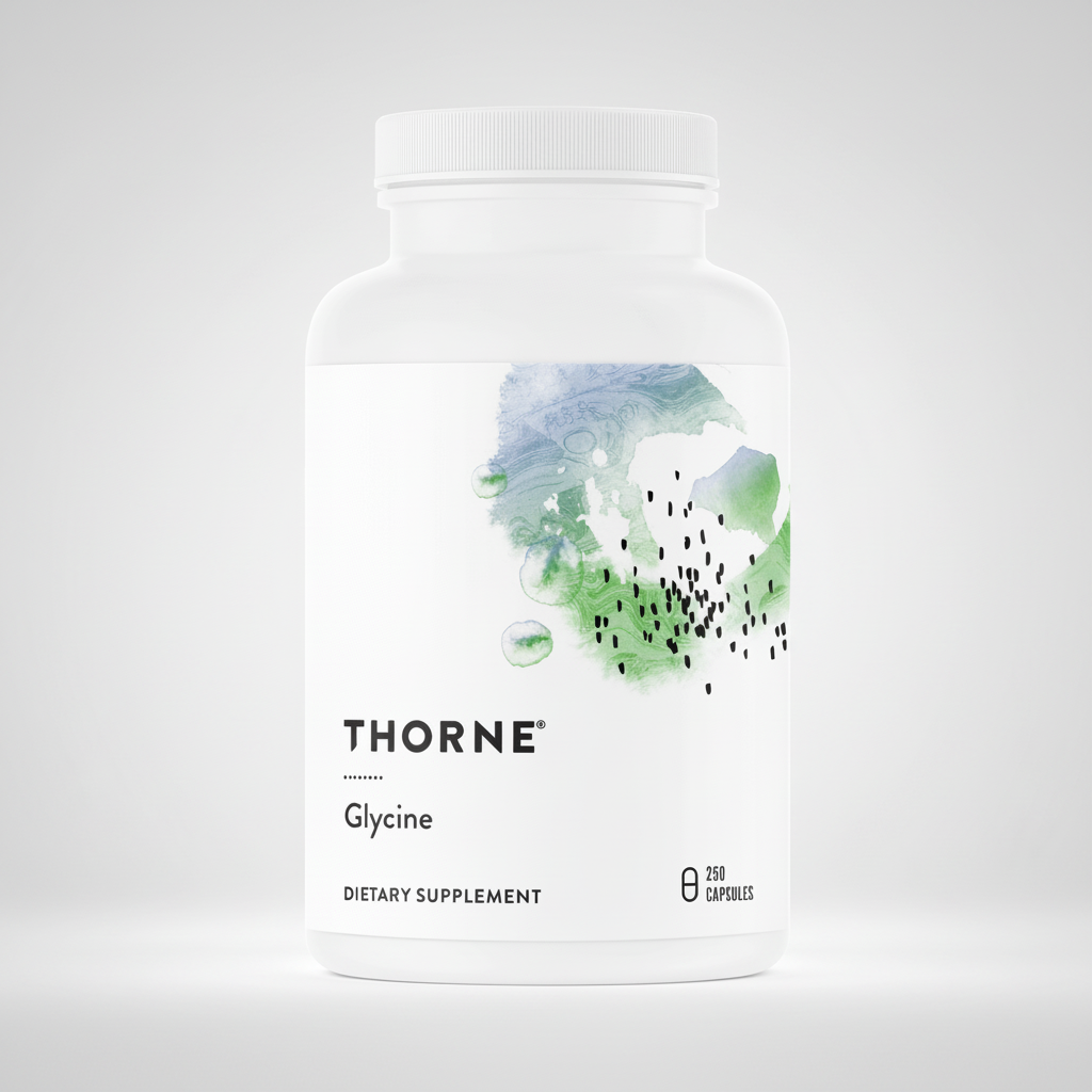 Thorne Research glycine supplement bottle on a white background