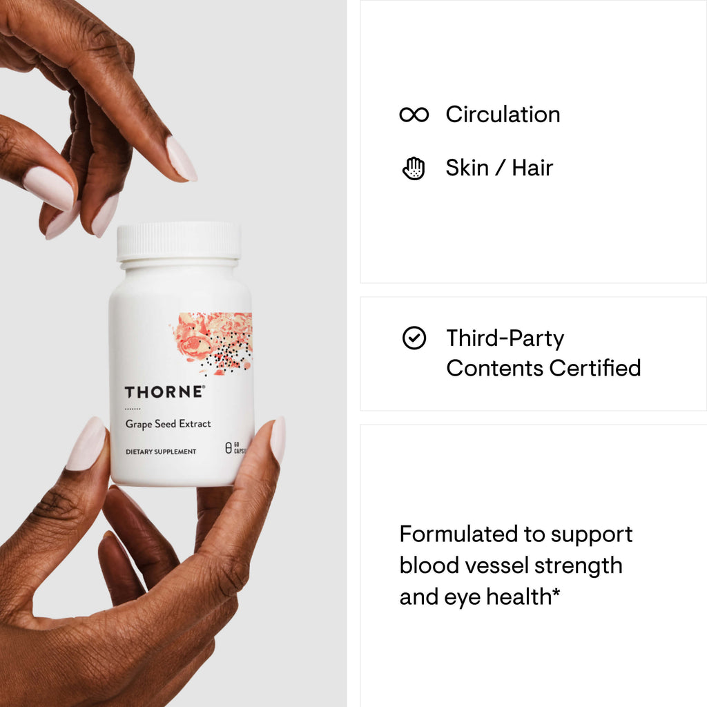Hand holding a Thorne Research supplement bottle with product details on a white background