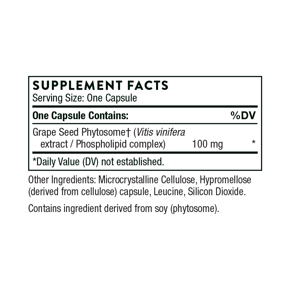 Supplement facts label for a grape seed phytosome capsule on a white background