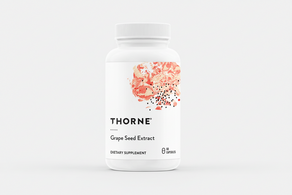 Thorne Grape Seed Extract dietary supplement bottle on a white background