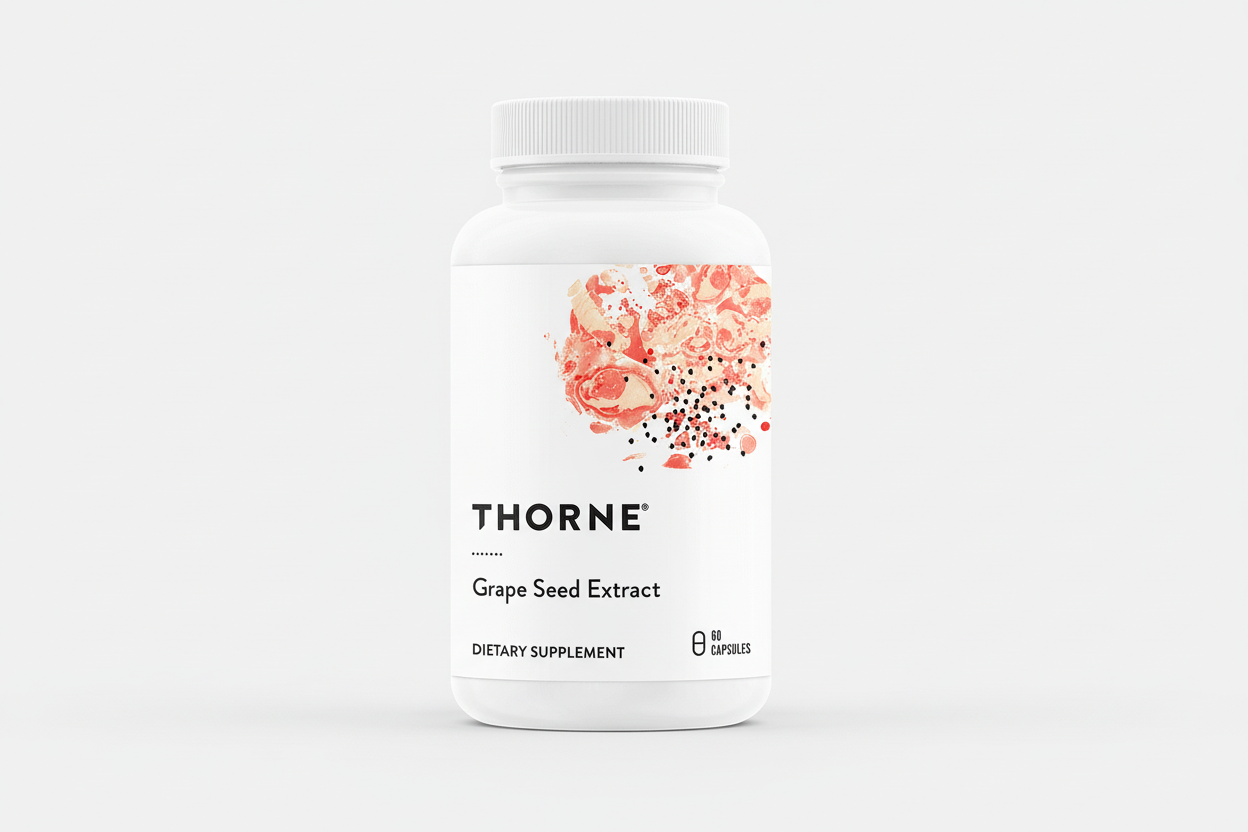Thorne Grape Seed Extract dietary supplement bottle on a white background