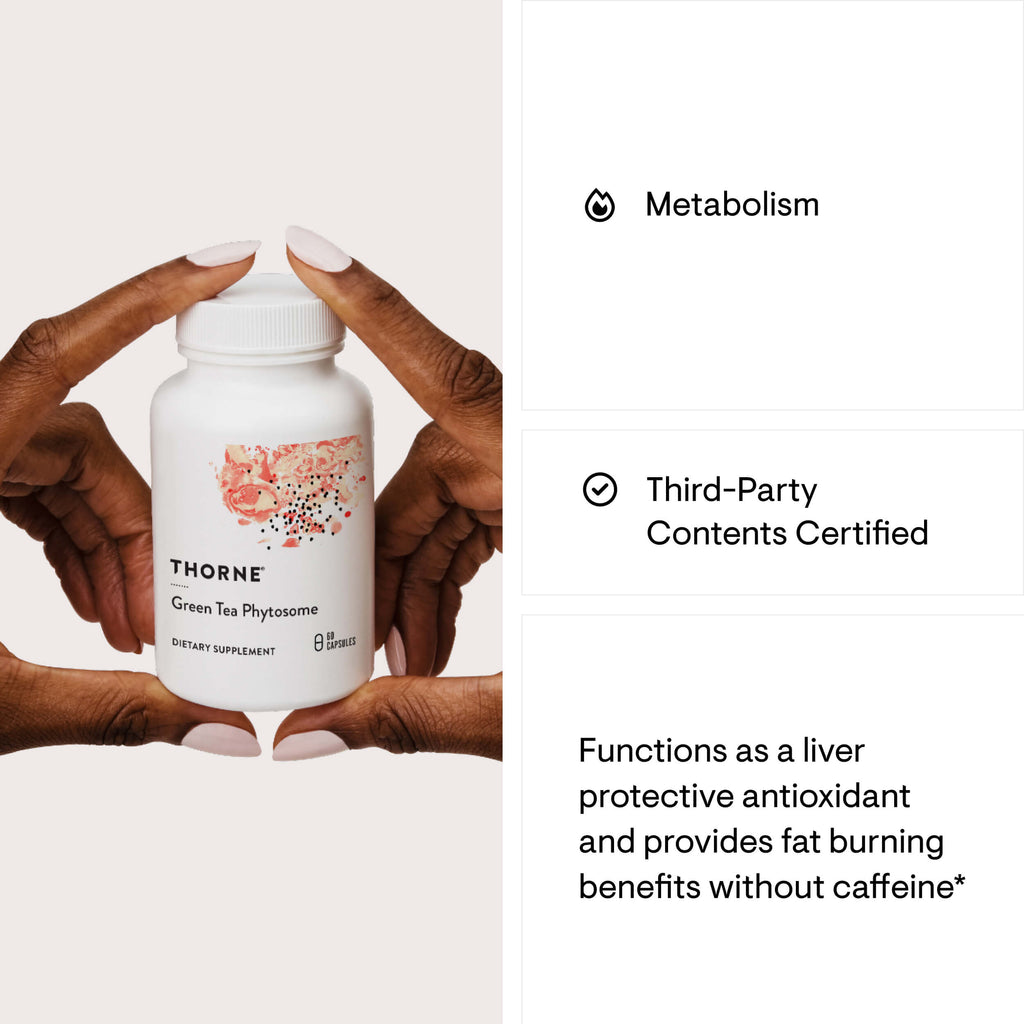 Thorne supplement bottle held by hands with product details on a white background