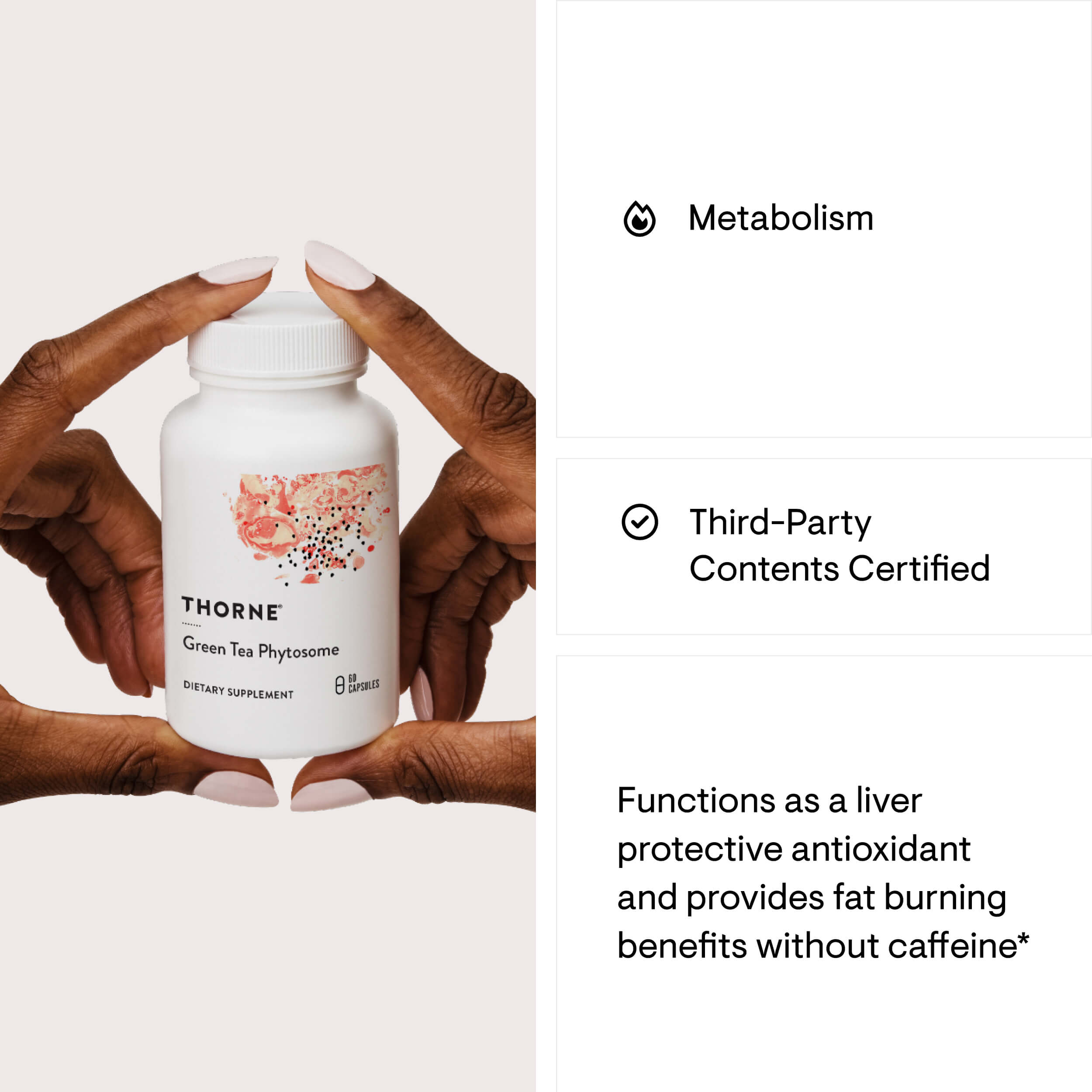 Thorne supplement bottle held by hands with product details on a white background
